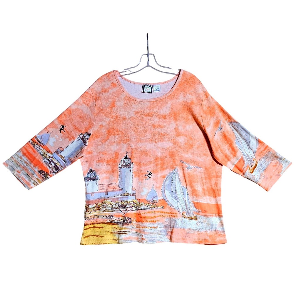 Take Two Orange Embellished Lighthouse Sailboat Graphic Top XL Coastal Nautical